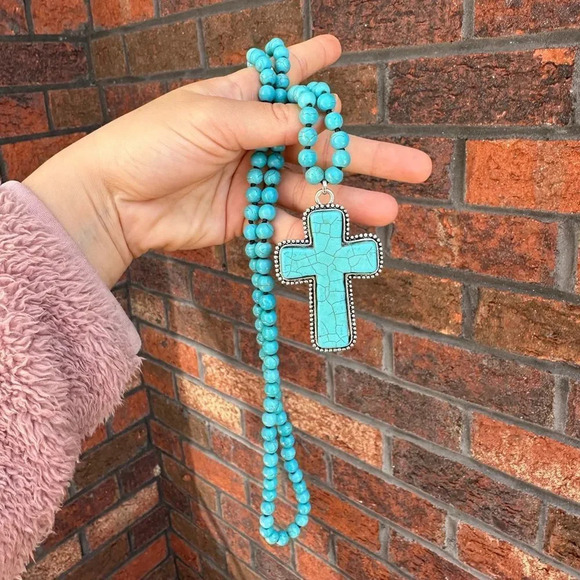 Turquoise Natural Stone Beads Bohemian Western Cross Necklace - Picture 8 of 12
